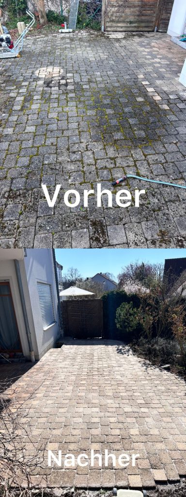 Vergleich von Pflastersteinen: oben unrein, unten gereinigt und gleichmäßig.