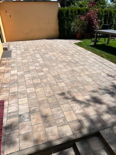 Gepflasterte Terrasse mit Rasen und Pflanzen im Hintergrund.